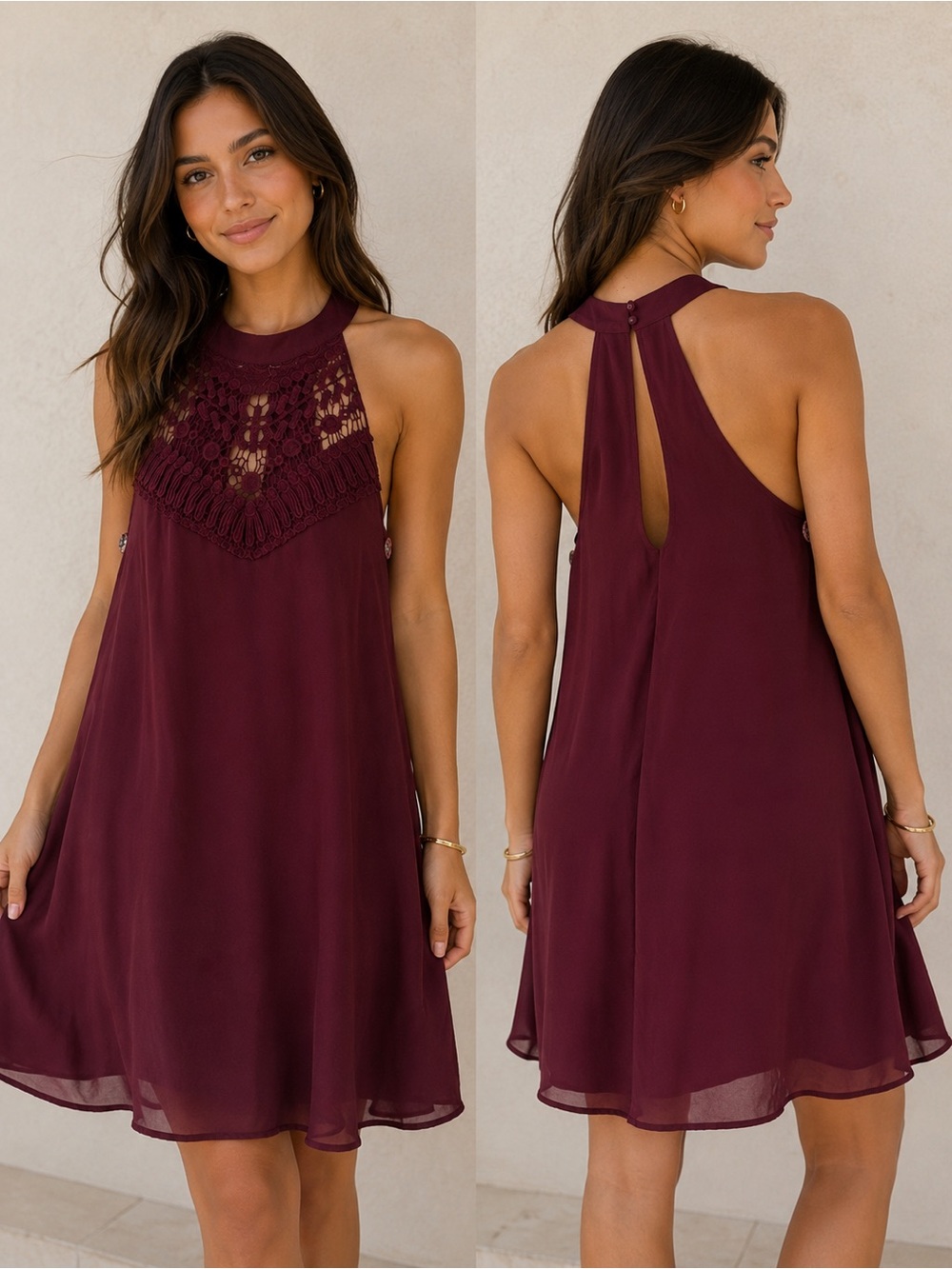 Women's Crochet Yoke Halter Dress - Burgundy